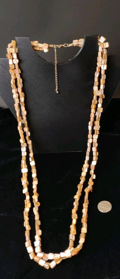 PRECIOSO COLLAR VINTAGE ABULÓN COBRE BEIGE IRIDISCENTE CONCHA 2 HILOS 34"  Foto 3 de 4