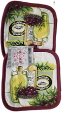 Set of 2 Same Printed Kitchen Pot Holders (7"x7") OLIVE OIL BOTTLES & OLIVES, HS