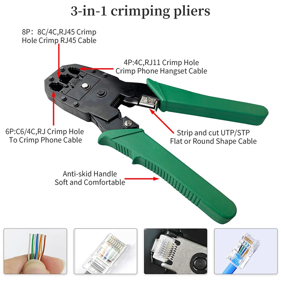 Cat7 Werkzeug Set Crimpzange Netzwerkstecker 10 Stecker RJ45 UTP Netzwerktester - Bild 2 von 4