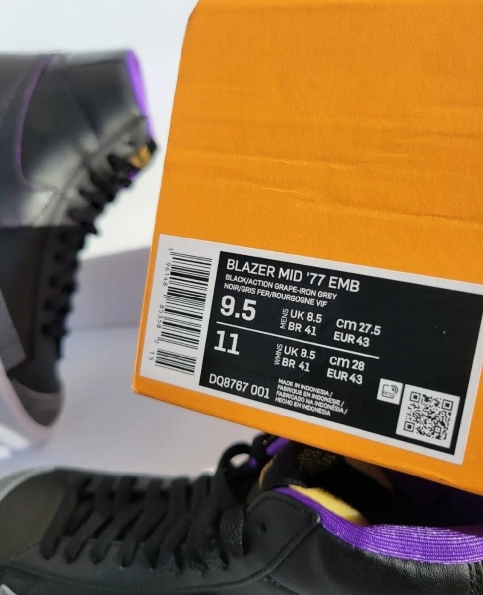 B18- SIZE 9.5 MEN'S NIKE BLAZER MID 77 EMB BLACK / PURPLE