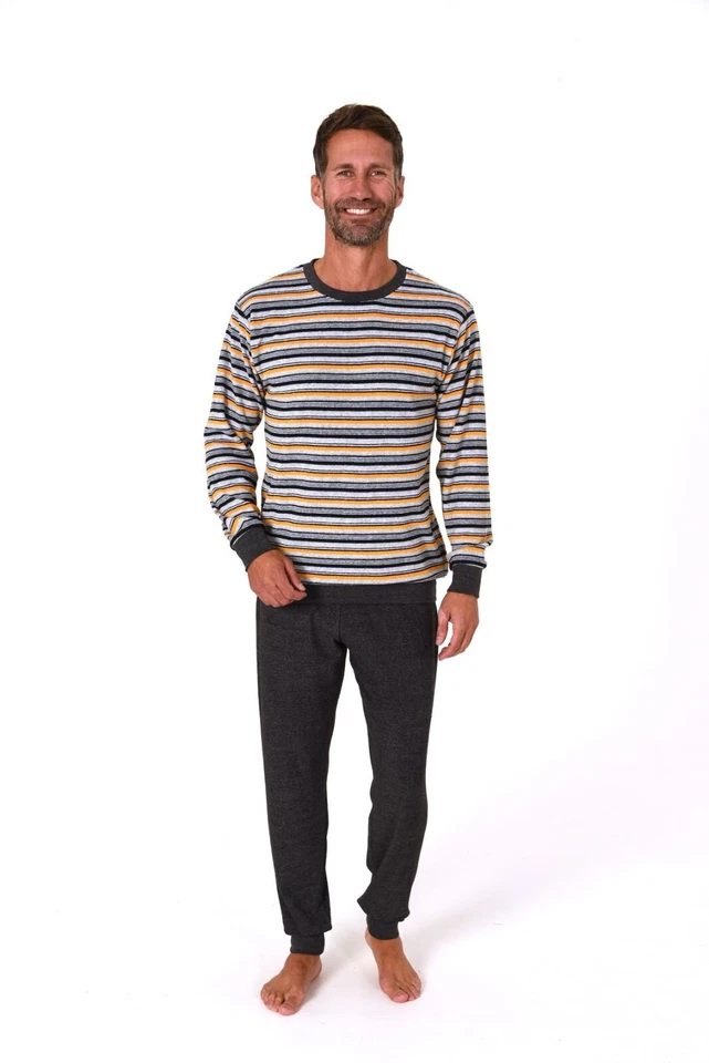 Herren/Männer Frottee Schlafanzug/PYJAMA Grau/Blau/Orange Baumwolle Bund 3803 - Bild 3 von 4