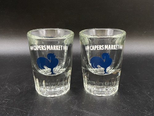 Capers Farm to Table Market Portland Shot Glass LOT 2 Shot Glasses Blue Rooster