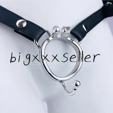 Stainless Steel Male Rings Adjustable PU Belt Chastity Cage Device Curved Round