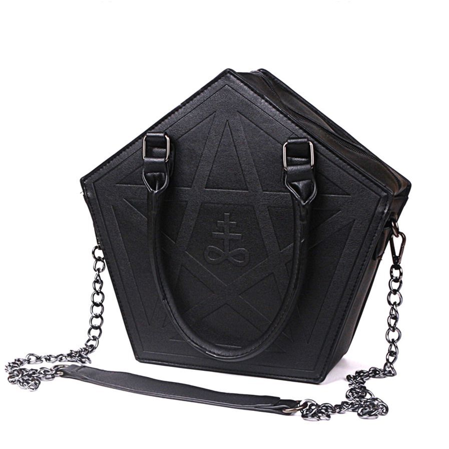 【PORTERNA】Black Belt Chain Shoulder Bag Women Black Handbag Pentagram Punk Darkness Gothic Star