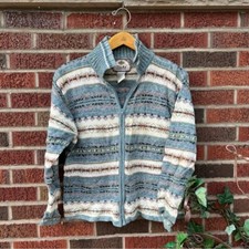 Tiara Light Blue and Cream Patterned Full Zip Knit Vintage Sweater Cardigan
