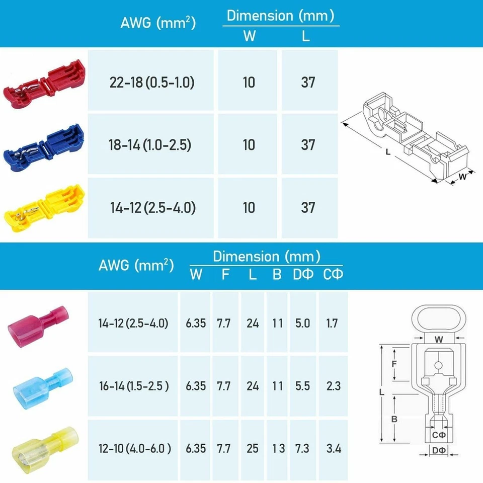 240PC Insulated 22-10 AWG T-Taps Quick Splice Wire Terminal Connectors Combo Kit - Image 3 of 4