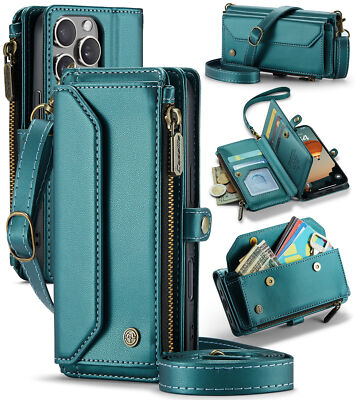 RFID Blocking PU Leather Flip Wallet Case for iPhone 17 16 15 14 13 12 Pro Max