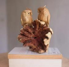 Statuina coppia gufo, scultura legno, fatta a mano, legno burl, ornamento uccellino, idea regalo
