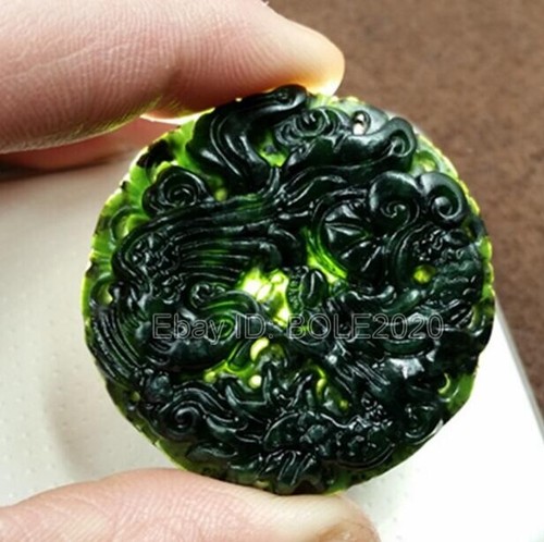 Natural Black Green Jade Carved Chinese BaGua Lucky Pendant + Rope Necklace - Picture 9 of 25