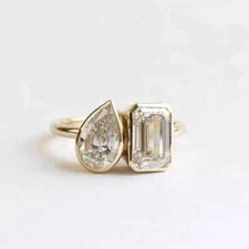 4 TCW Pear & Emerald Moissanite Bezel Set Toi Et Moi Ring Solid 14k Yellow Gold