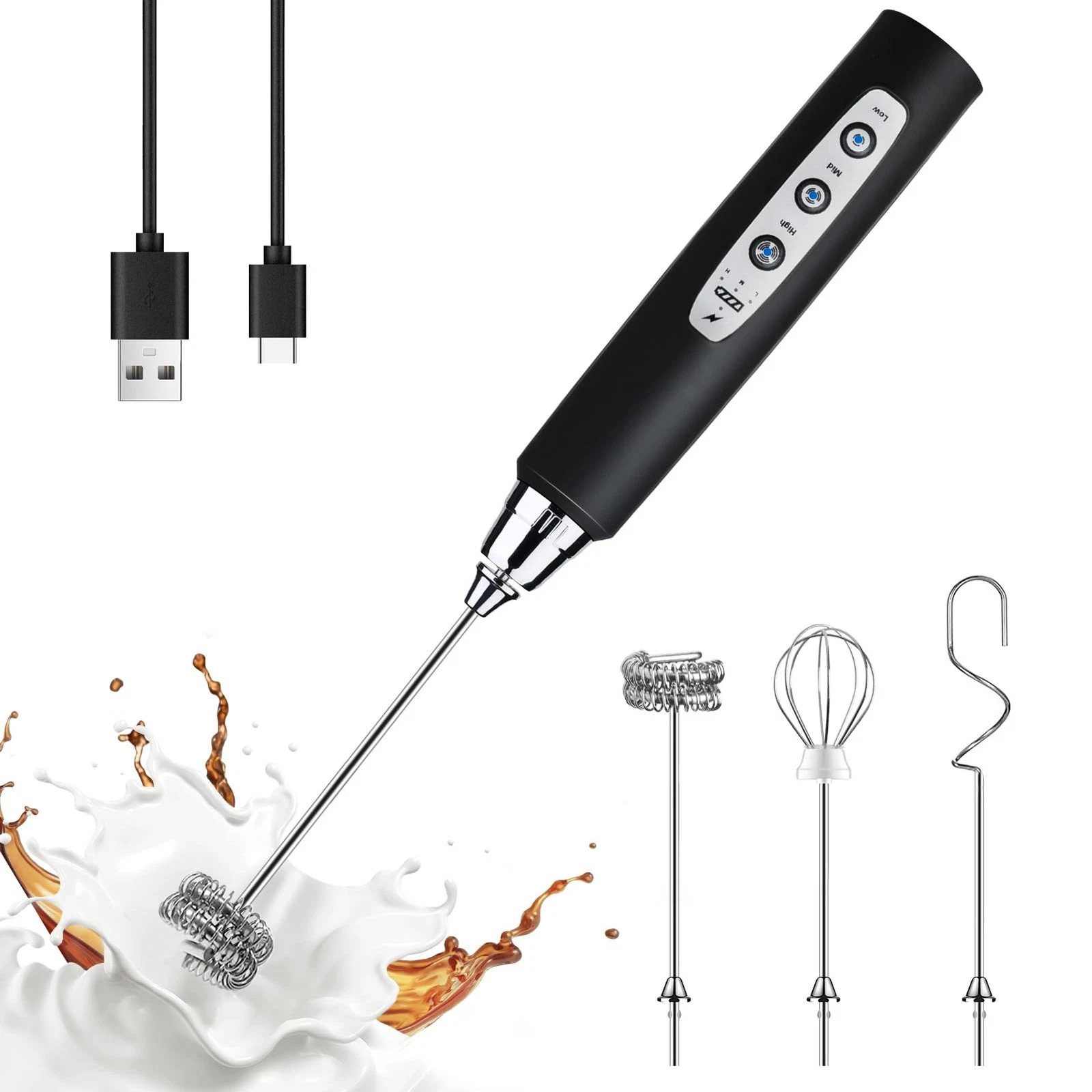 Handheld Milk Frother Black Rechargeable Electric 3 Heads 3 Speeds Wand