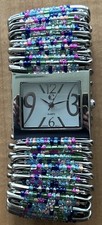 Charming Charlie Safety Pin Woman  s 30mm Watch Case Colorful Beads NEW BATTERY