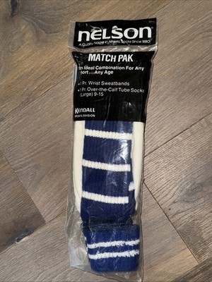 Vtg Nelson Athletic Tube Socks OVER THE CALF Large Royal Blue Stripe + Sweatband