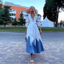 IQ Collection Loose Puff V Neck Backless PrintedMaxi Dress Woman Casual Lace Up