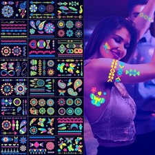 12/24pc Glow in the Dark Temporary Tattoos UV Neon Blacklight Rave Party Sticker