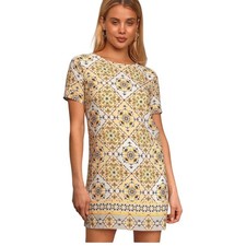 Lulus Yellow Dandy Lion Yellow Print Shift Dress, Short Sleeve Women's Size S