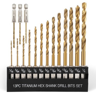 Hex Shank Drill Bits, 16 Pcs High Speed Steel, Titanium Coated, Gold