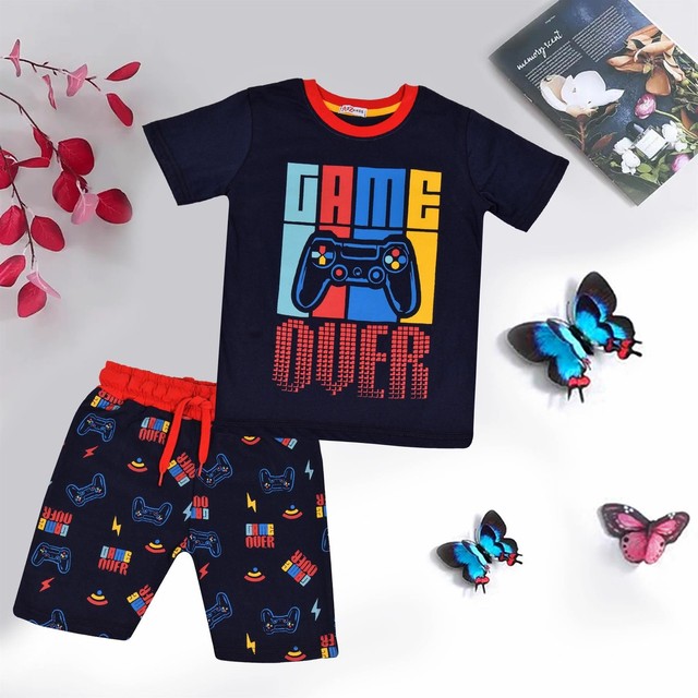 Kids Girls Boys Pyjamas Game Over Contrast Top Shorts 2 Piece PJS Sleepwear Set Kids Girls Boys Pyjamas Game Over Contrast Top Shorts 2 Piece PJS Sleepwear Set