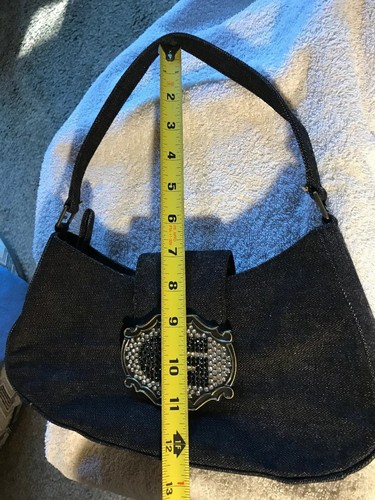Guess Denim With Heavy Metal Buckle With Stones Handbag -Dark Gray - Picture 11 of 11