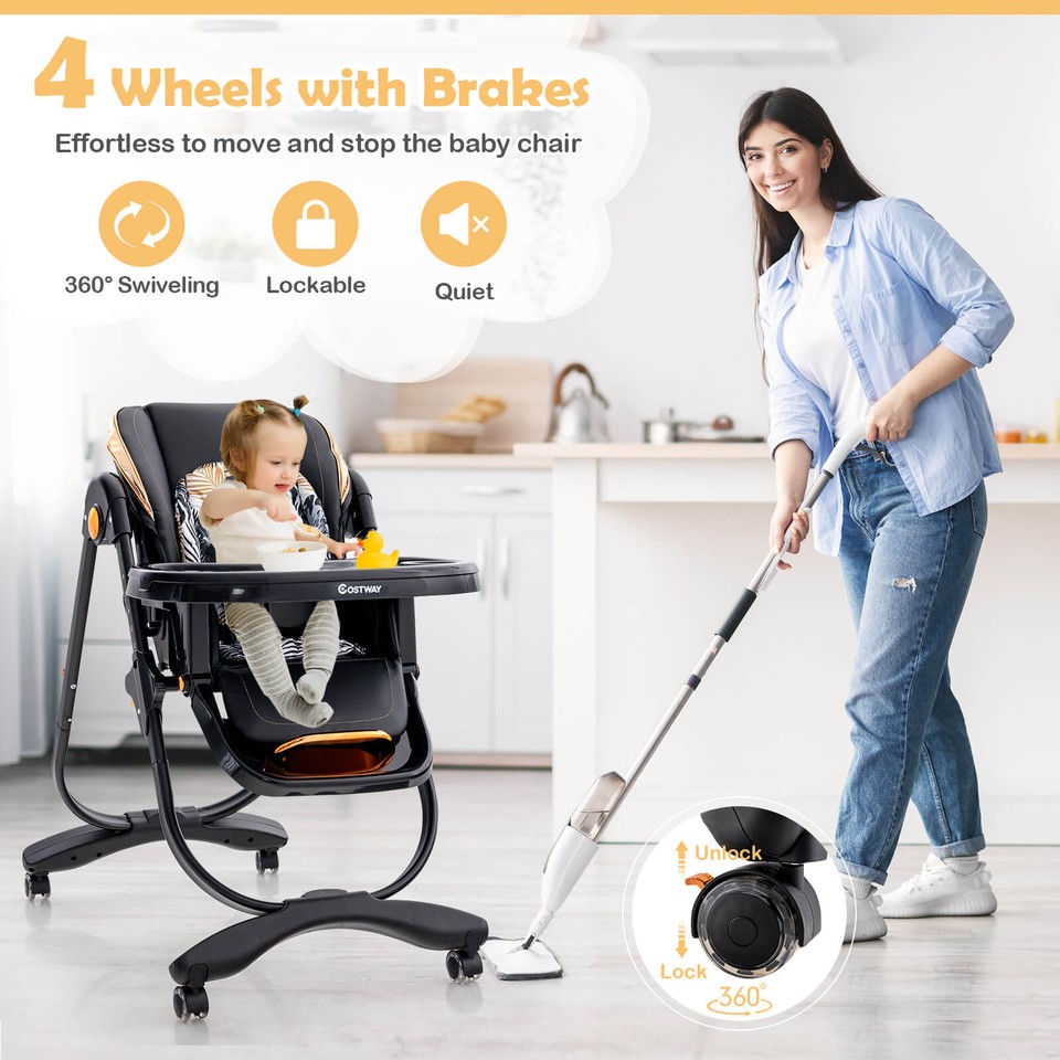 Baby High Chair w/ Wheel Folding Baby Dining Chair Adjustable Height