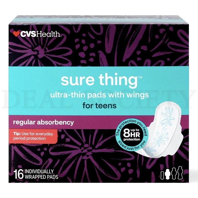 CVS Health Sure Thing Almohadillas Ultrafinas para Adolescentes con Alas Regular 16ct Lote de 6 Foto 2 de 4