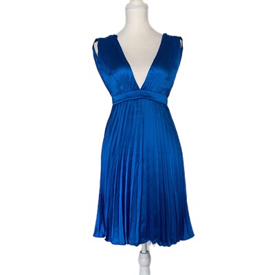 sincerely jules pleated dress Sincerely Jules Dress Plunging V-Neck Royal Blue Pleated Satin Flare Small