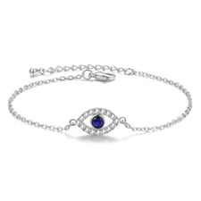 ZARD Evil Eye Blue Round-Cut CZ Link Chain Bracelet in Fine Silver Plate  