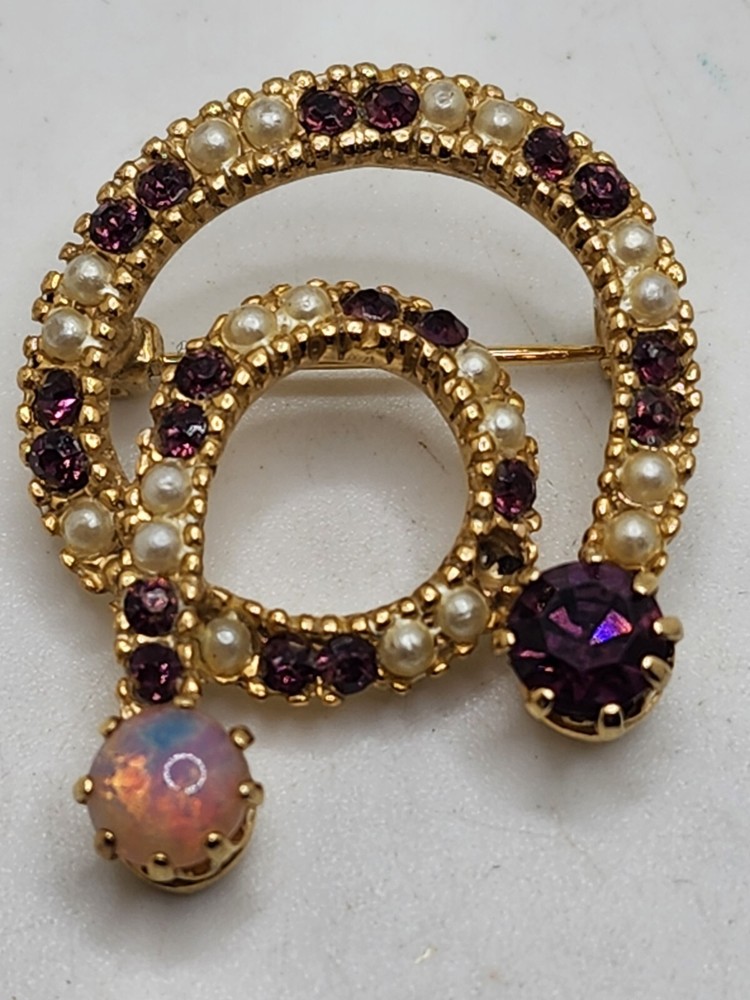 Vintage Unique Gold Tone Metal, Faux Pearls, Faux Amethyst And Faux Opal Brooch