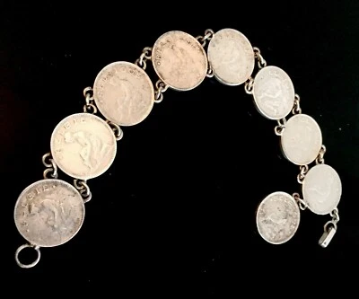 Bracelet vintage nickel argent 50 centimes Belgique 9 pièces rare art déco - Photo 1/7