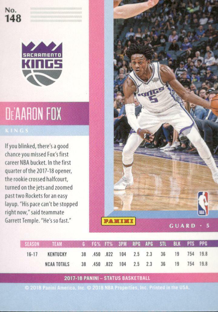 2017-18 Panini Status Rookies De'Aaron Fox #148 Rookie Sacramento