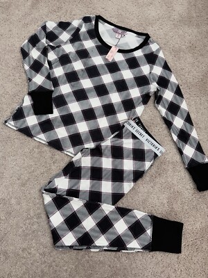 NWT Victorias Secret Black White Waffle Knit Pajama Set Womens