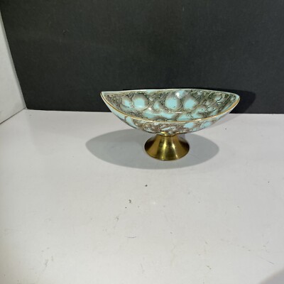 7''--Vintage Hand-painted Delft Delftware Brass Pedestal Turquoise Candy Dish