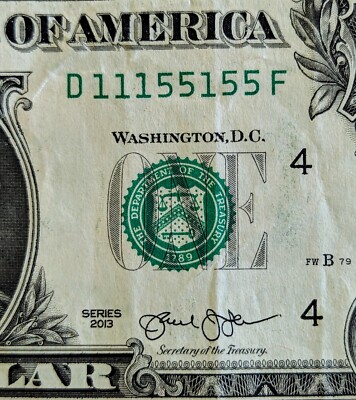 2013 $1 bill fancy serial number, binary 1s and 5s D11155155F