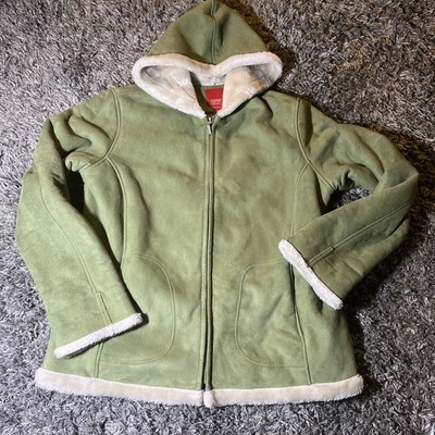 VTG Esprit Sherpa Green Faux Suede Coat Women s XL Full Zip Hoodie Jacket Y2K
