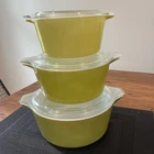 lot of 3 VINTAGE PYREX VERDE GREEN OVENWARE NESTING BOWLS COVERED CASSEROLLE
