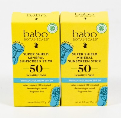 2 Babo Botanicals SUPER SHIELD 50 Mineral Sunscreen STICK .6oz Sensitive 04/2028