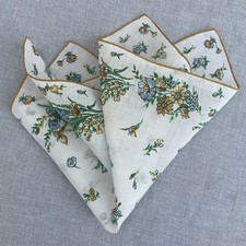 Vintage White, Blue, Ocher Floral Handkerchief / Pocket Square Hand Rolled 13"