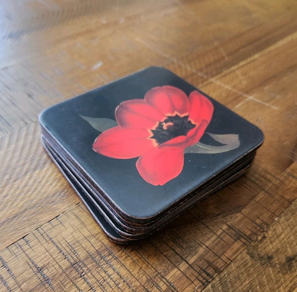 Vintage Pimpernell Cork Coasters With Red Tulips Set Of 6 - Image 4 of 4