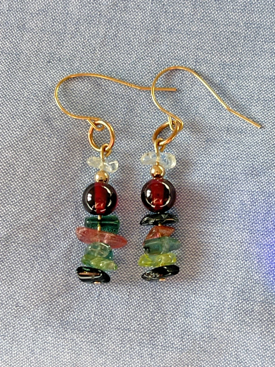 9ct gold earrings ~ garnet bead, tourmaline and aquamarine semi precious chips