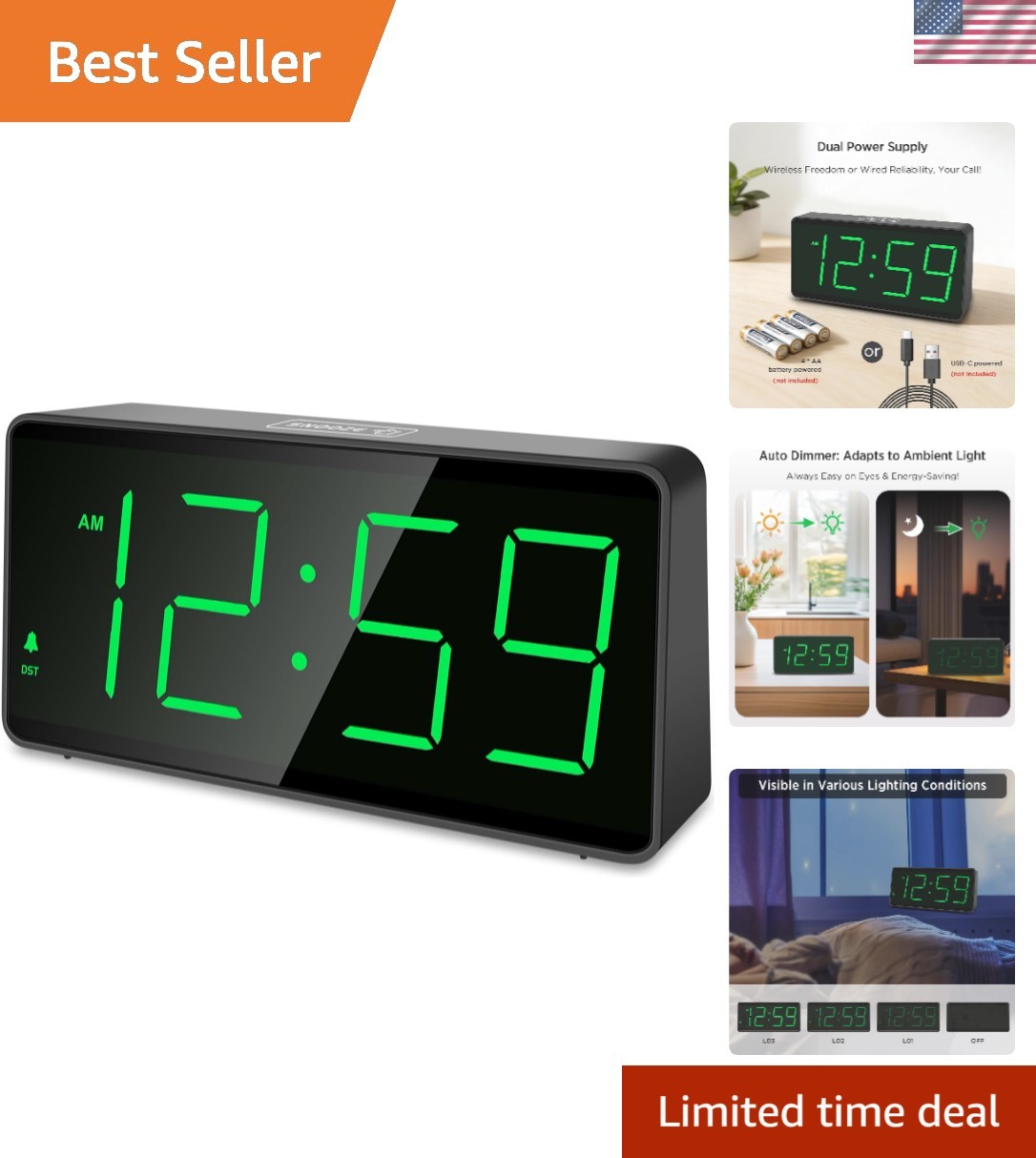 Battery Operated Digital Alarm Clock - Large Digits with Auto Dimming & Snooze