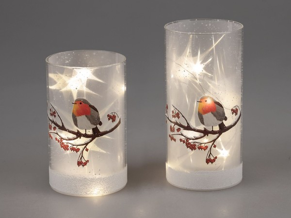 2Er Set LED Deko Lampen Wintervogel Zylinder 15 + 20Cm Weiß Aus Glas Formano W25-image