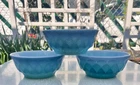 THREE Vintage MCM Fire King Anchor Hocking Blue Kimberly Diamond 5" Bowls
