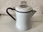 Vintage White Enamel Cowboy Coffee Pot with Pyrex Glass Top Farmhouse Decor