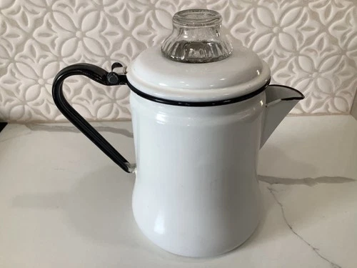 Vintage White Enamel Cowboy Coffee Pot with Pyrex Glass Top Farmhouse Decor