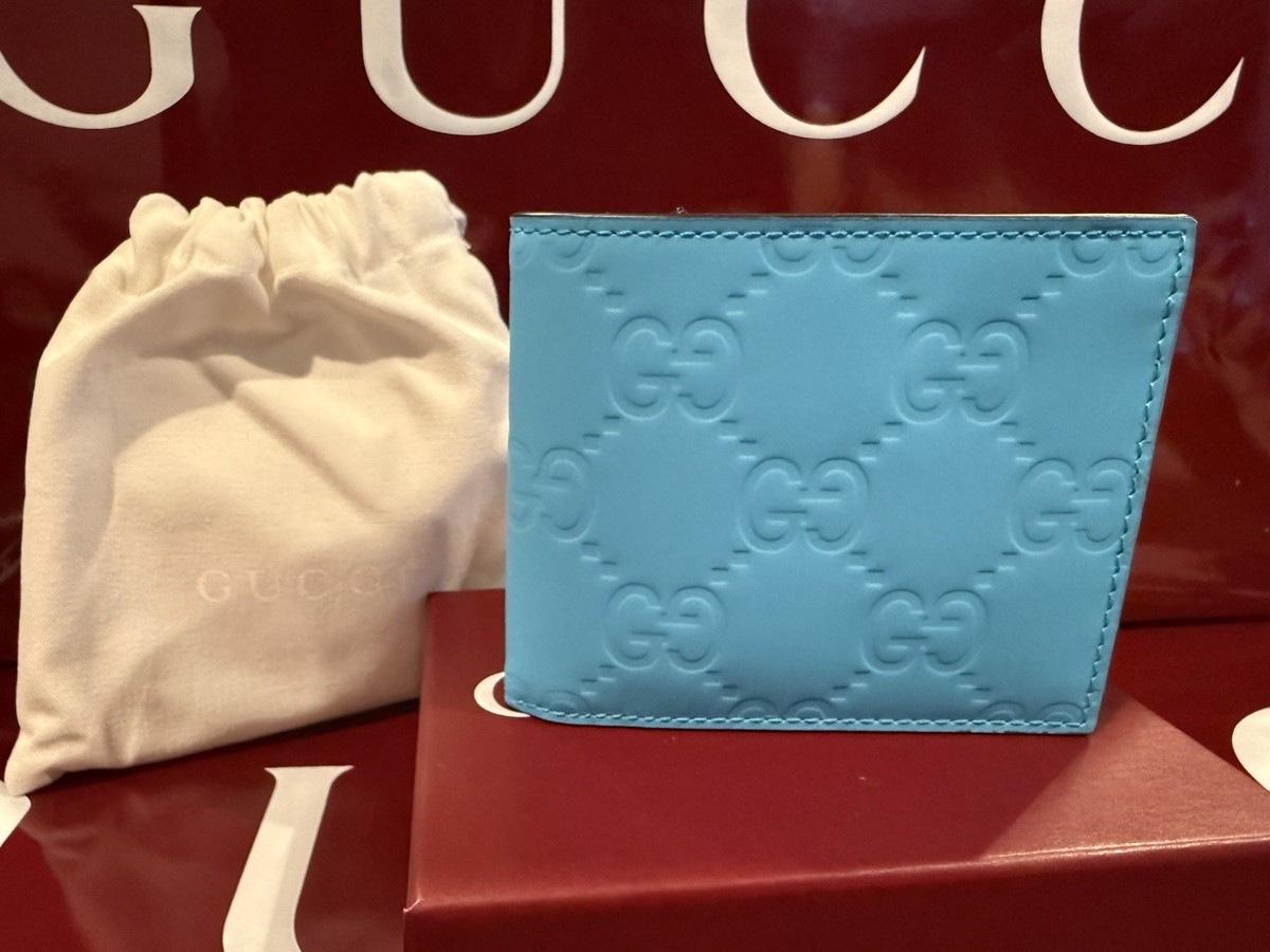 Gucci GG Rubber Effect Leather Neon Blue Bifold Card Holder Wallet