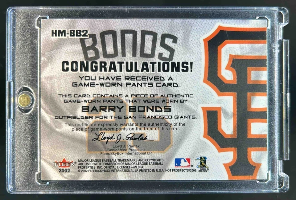 2002 Fleer Hot Prospects Barry Bonds MLB Materials GU Pants #HM-BB2 Giants - Image 2 of 2