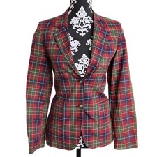 Women's Vintage Green Red Plaid Business Career Blazer Jacket - Size 6