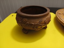 Vtg Carved Faux Wood FTDA Footed Bowl Dish Container Made In USA 3.5 By 5.75