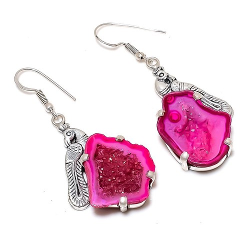 Natural Pink Botswana Druzy Gemstone 925 Sterling Silver Earring 2.25" u118 - 第 1/6 張圖片