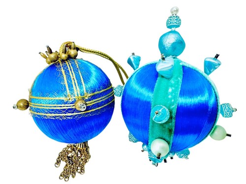 Vintage 70s Blue Satin Push Pin Carved Beads Teal Velvet Chains 2 Boho Ornaments